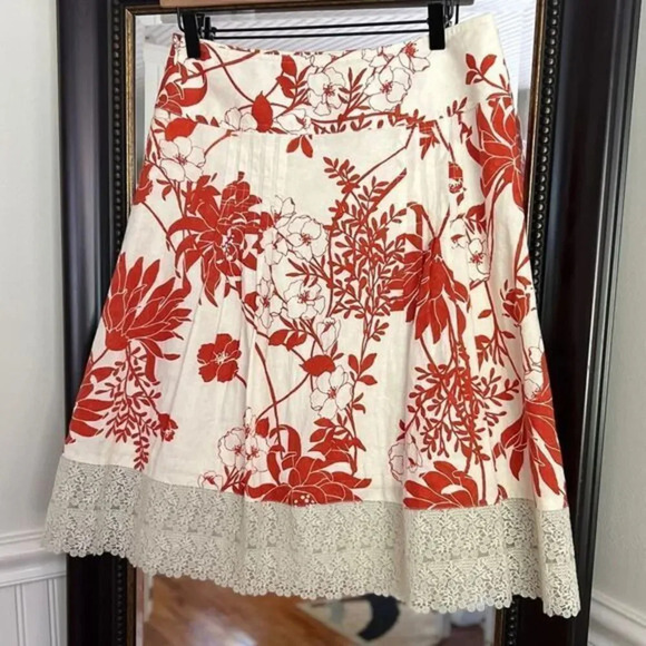 Ann Taylor Pleated A Line Skirt Orange Ivory Size 6 - Picture 2 of 4